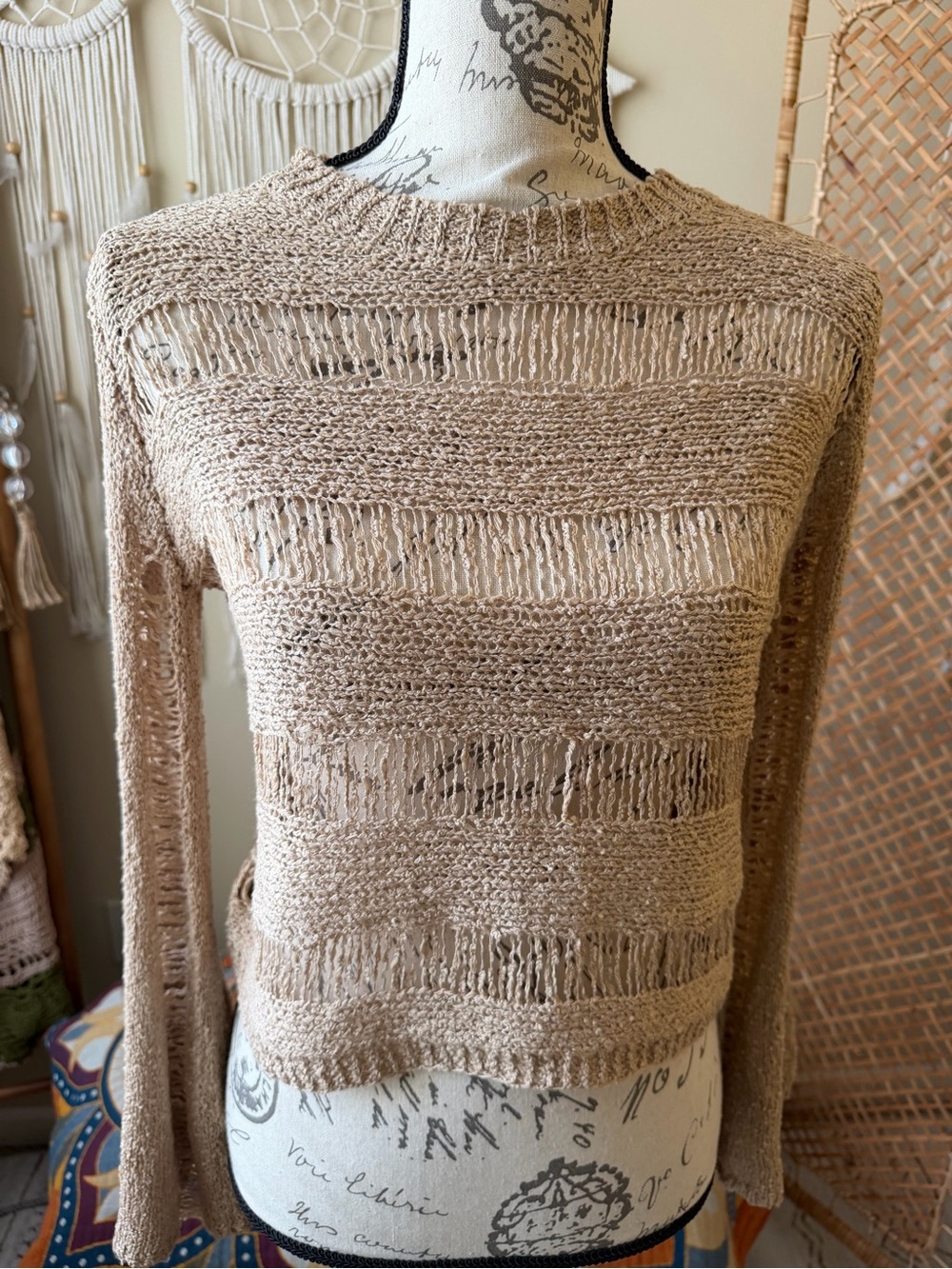 Beige Open Knit Fringe Sweater - XL